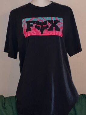 Fox Racing Black Graphic Tee Large Pink Teal Logo Shirt 100% Cotton